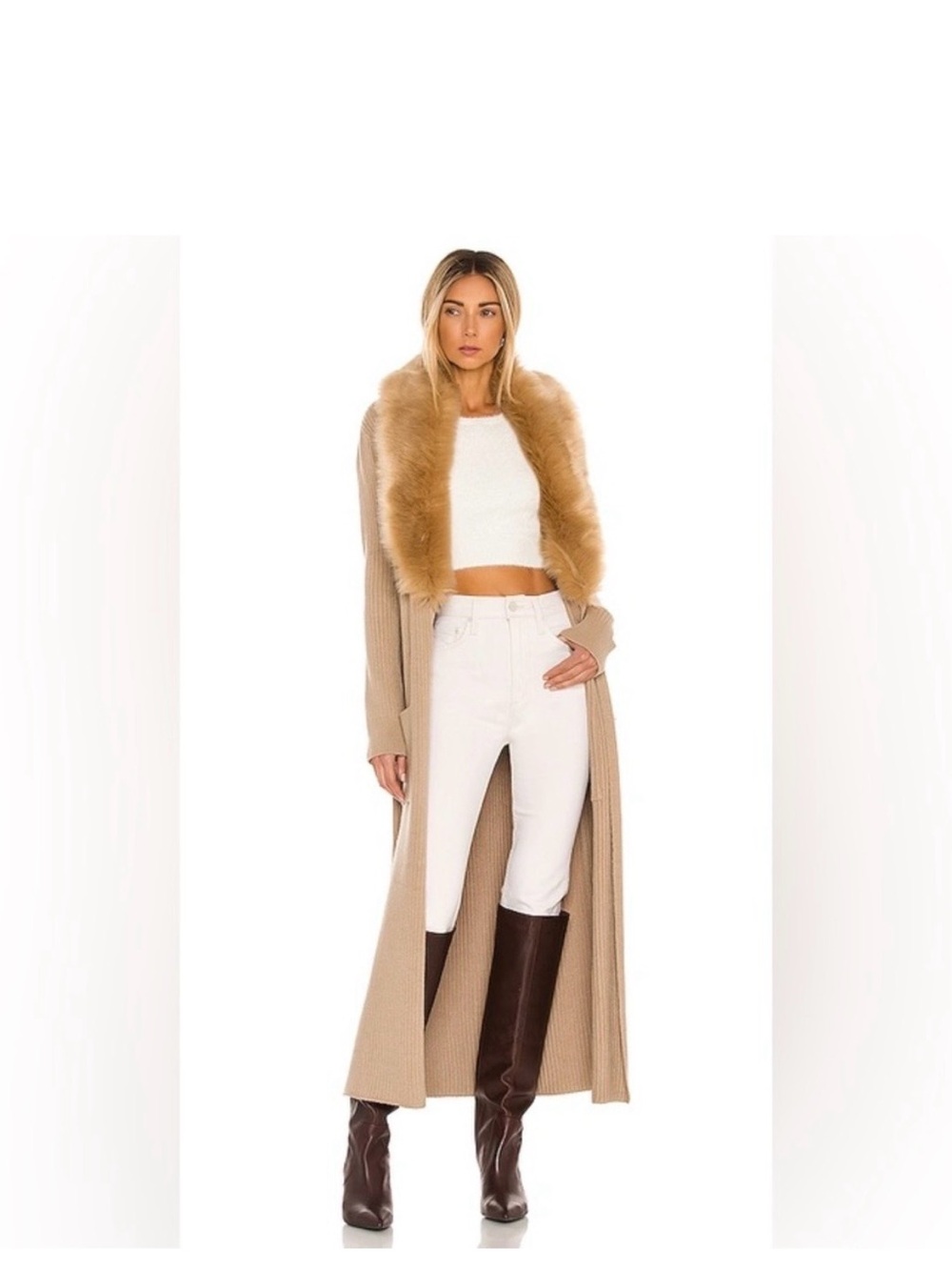 Show Me Your MuMu Ribbed Maxi Cardigan Sweater with Faux-Fur Collar - Taupe
